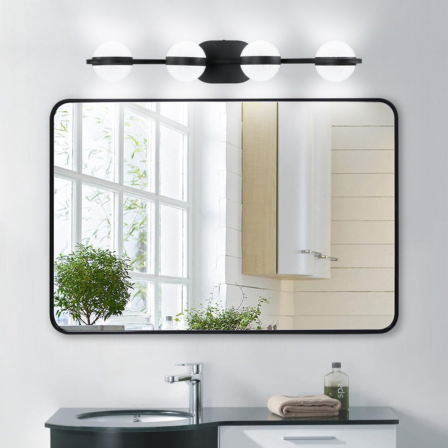 30in Black Minimalist LED Bathroom Vanity Light With Crystal Sand Acrylic Shades, 4-Light Wall Mounted Decorative Lighting Fixture, Suitable For Bathroom Vanity Mirror