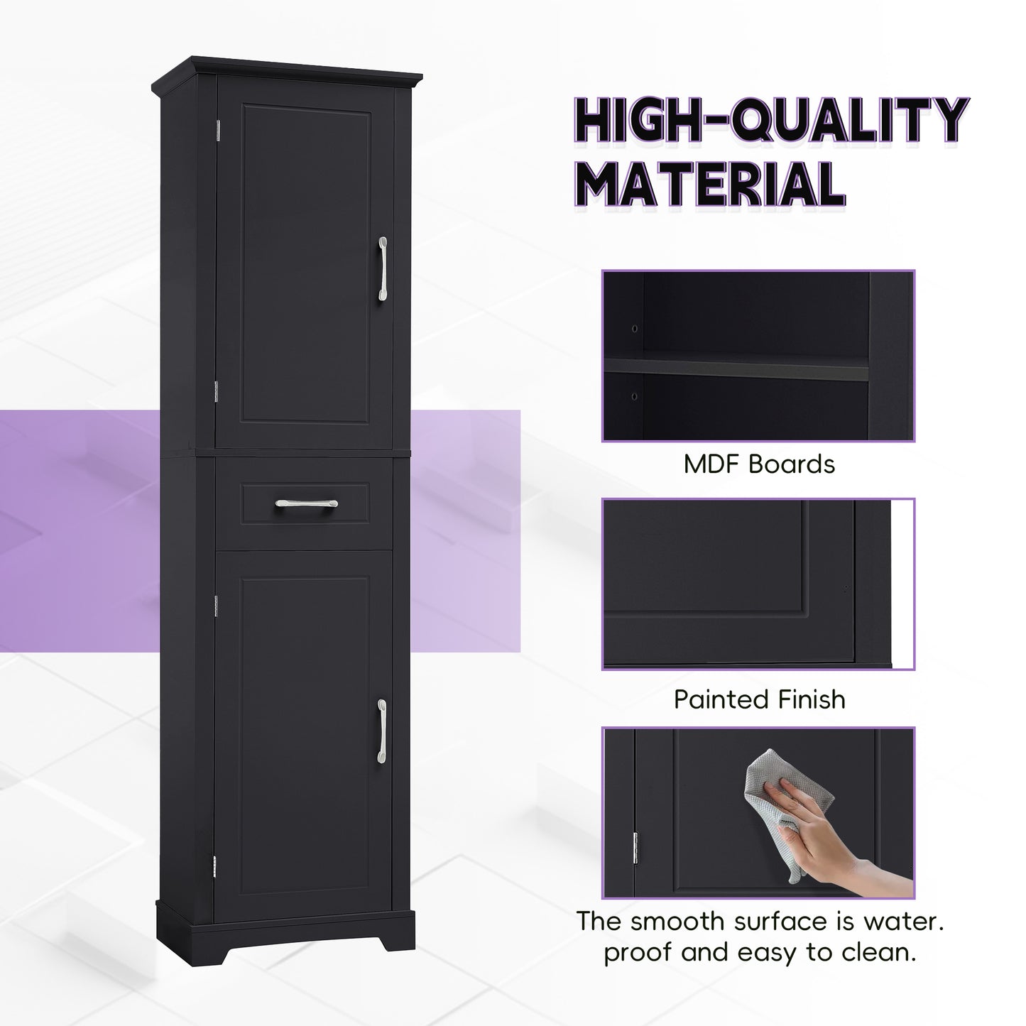 Tall Bathroom Storage Cabinet, Freestanding Storage Cabinet With Two Doors And Adjustable Shelves, Door Shelve Design, MDF Board With Painted Finish, Black