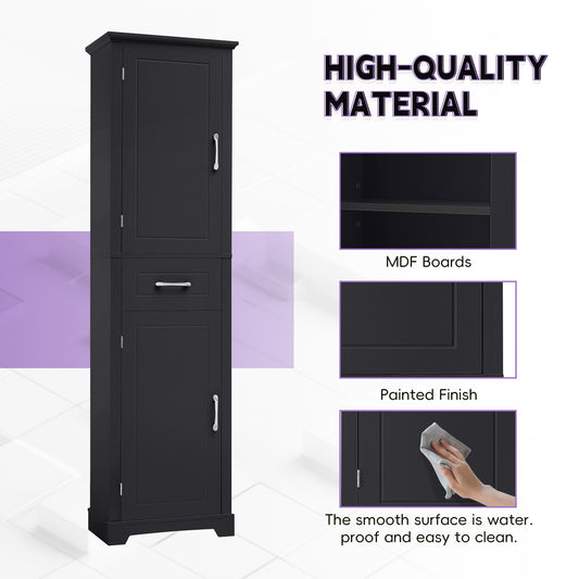 Tall Bathroom Storage Cabinet, Freestanding Storage Cabinet With Two Doors And Adjustable Shelves, Door Shelve Design, MDF Board With Painted Finish, Black