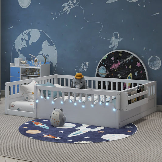Full Montessori Floor Bed Frame With High Rails, Wood Kids Floor Beds With Light And Storage Shelf, White Expect Arrival Date 2025 8 15