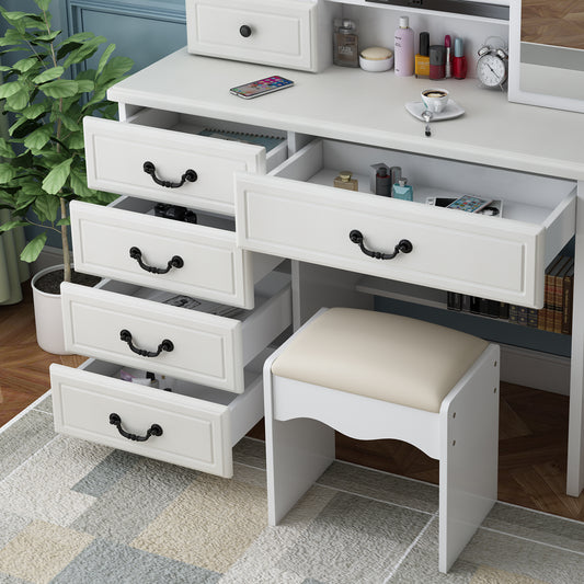 Fashion Vanity Desk With Mirror And Lights For Makeup, Vanity Mirror With Lights And Table Set With 3 Color Lighting Brightness Adjustable, 6 Drawers, White Color