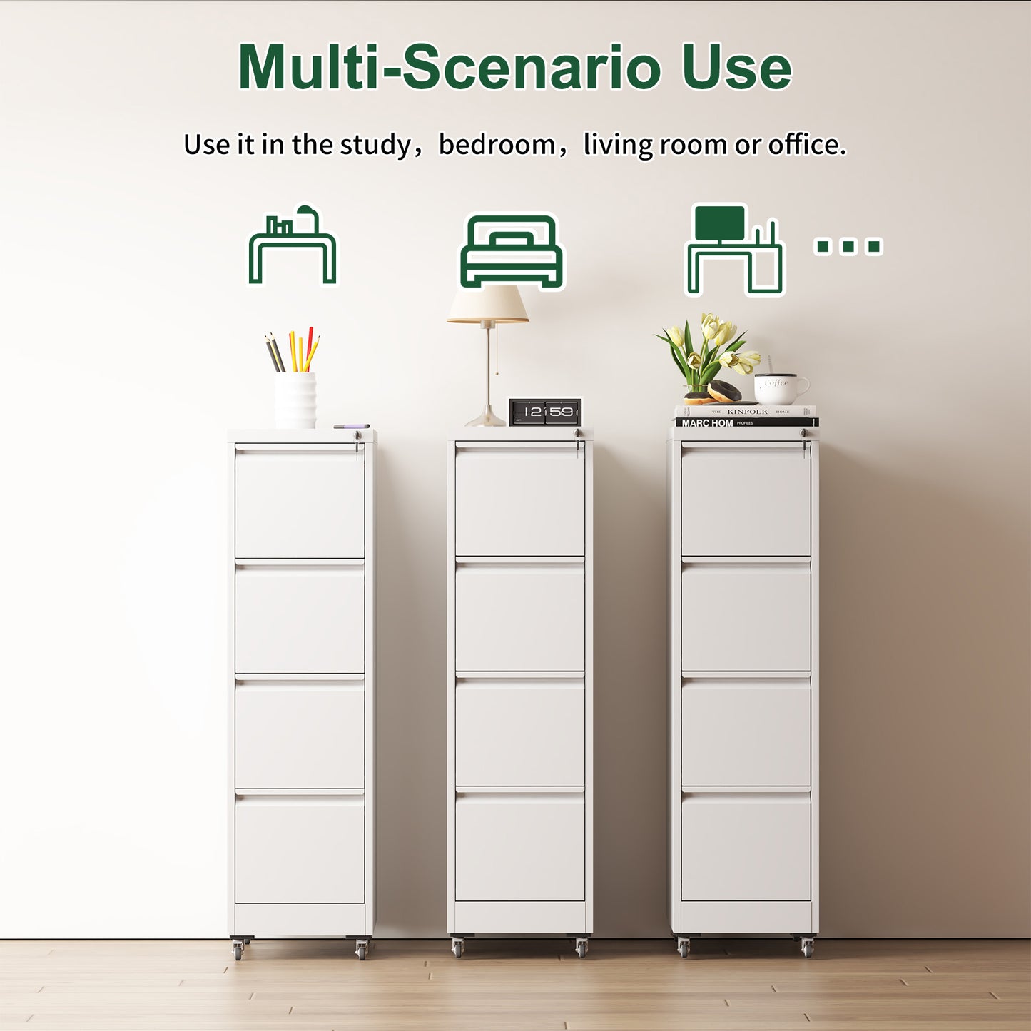 4 Drawer Metal Locking Vertical File Cabinet On Wheels -Heavy-Duty Lockable Cabinet For Home & Office, Black, 17.71 Dx15.16 Wx52.28 H,White