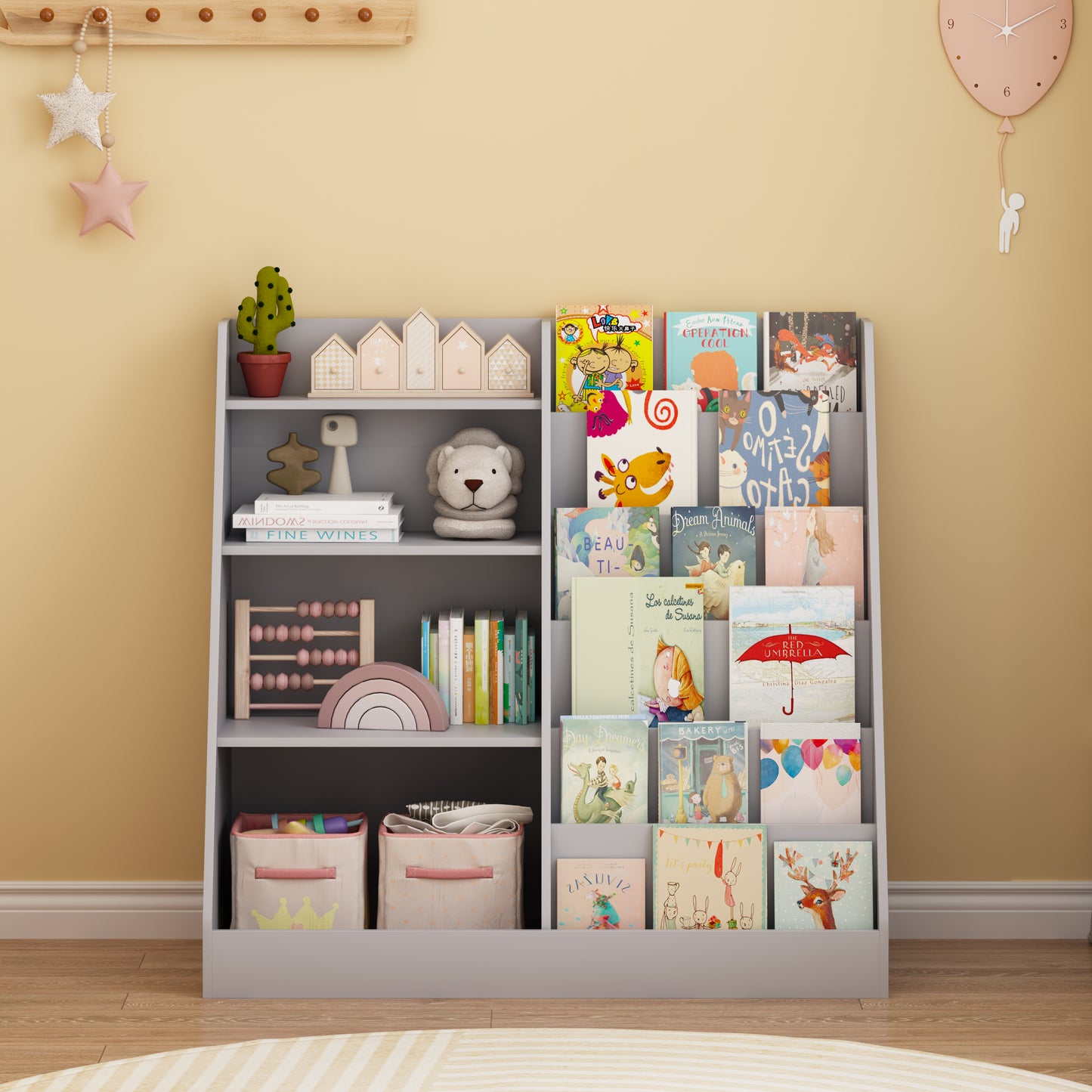 Kids Bookshelf And Toy Storage Organizer, Multifunctional 4 Tier Wooden Kids Book Shelf With  Bookcase Display Stand In Kids Room Playroom Nursery For Kids, Children, Toddlers  Gray