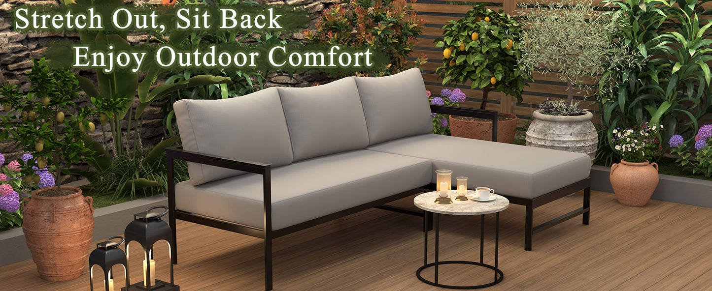 U-style Outdoor L- Shaped Sofa With Iron Frame Weather- Resistant Patio Sofa Set With Ultra- Thick Cushions Comfortable Seating For 3 Ideal For Patio  Balcony And Garden
