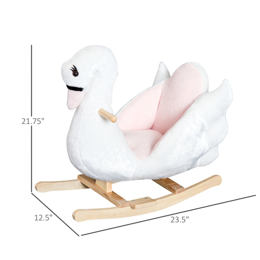 Kids Ride On Rocking Horse Plush Swan Style Toy With Music For Over 18 Months Children, White And Pink