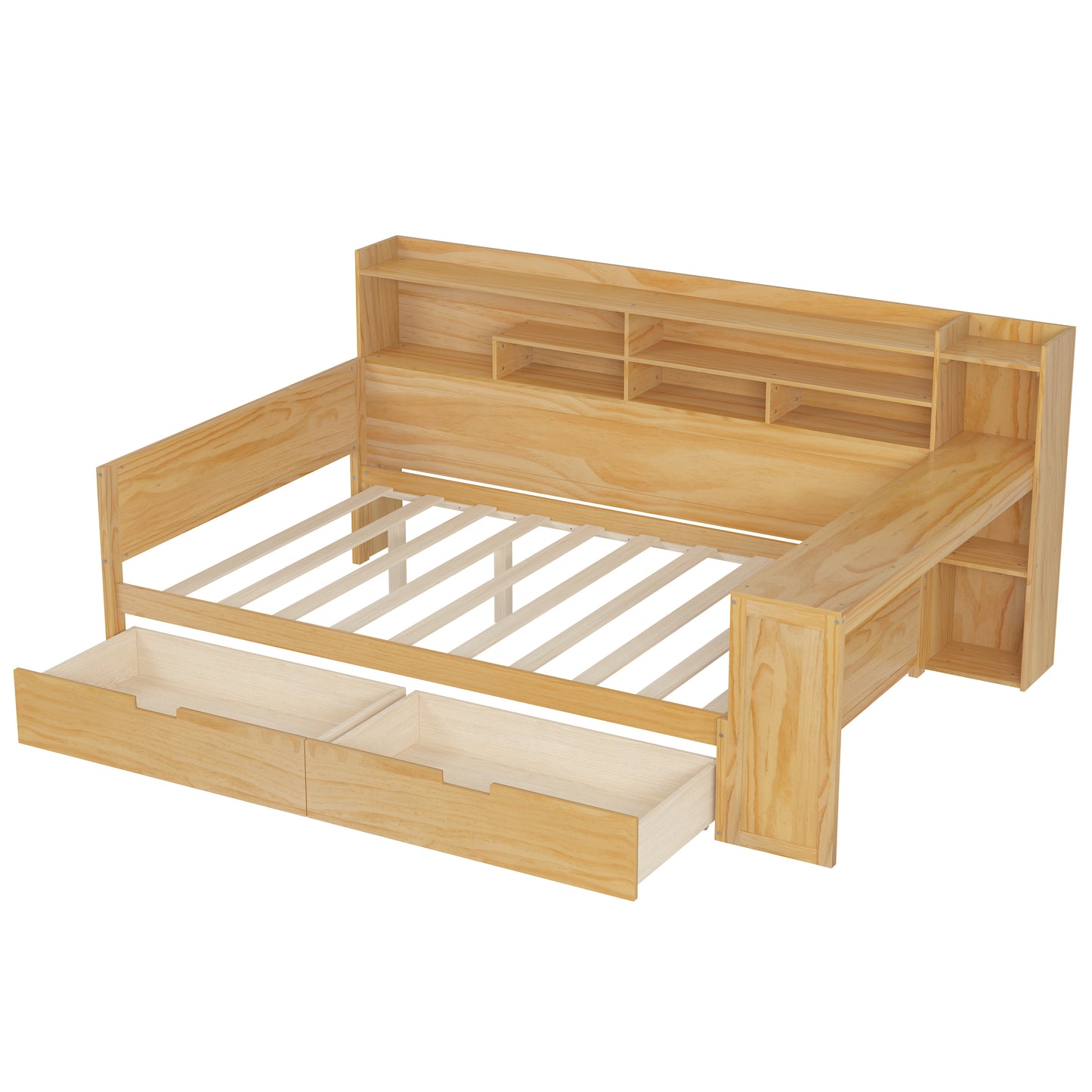 Wooden Full Size Daybed With Storage Shelves, Multi-functional Bed With Two Storage Drawers And  Study Desk, Natural