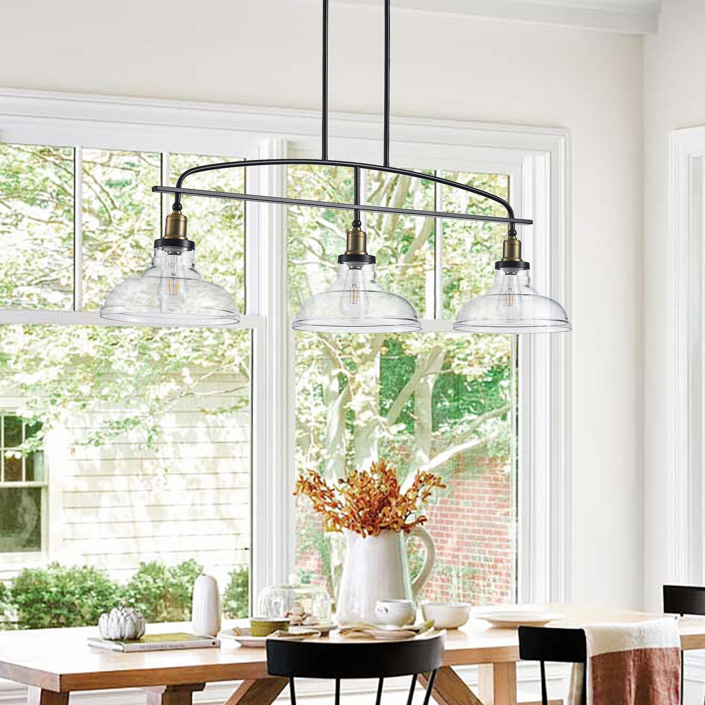 45 Industrial 3-Light Pendant Chandelier With Clear Glass Shades, Black Metal Frame, Adjustable Height, Modern Farmhouse Lighting For Kitchen Island, Dining Room, Or Living Room Bulb Not Included