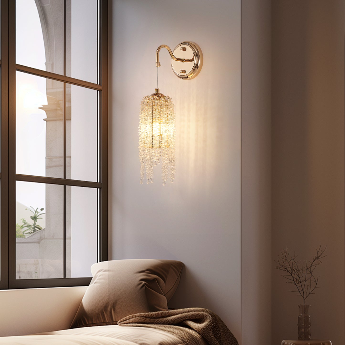 Set Of 2 Gold Frame And Cascading Crystal Bead String Wall Sconces, E12 Bulb Socket, Elegant Hanging Light Fixture For Living Room, Bedroom, Hallway  Bulb Not Included
