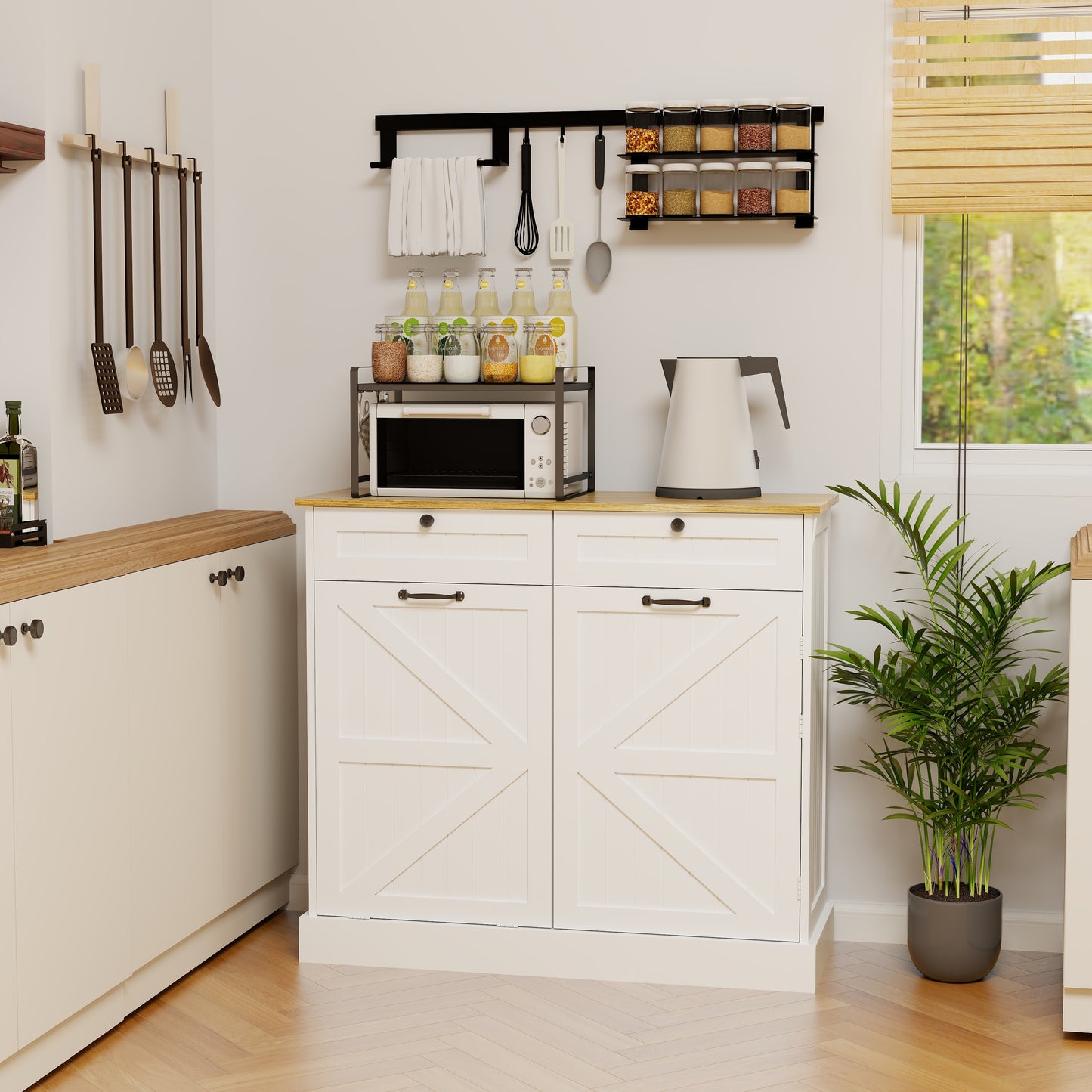 Kitchen Trash Can Storage Cabinet With 2 Drawers & 1 Tilt Out Trash Cabinet & 1 Door With Storage Rack & 2 Shelves For Kitchen, Dinning Room, Living Room-White