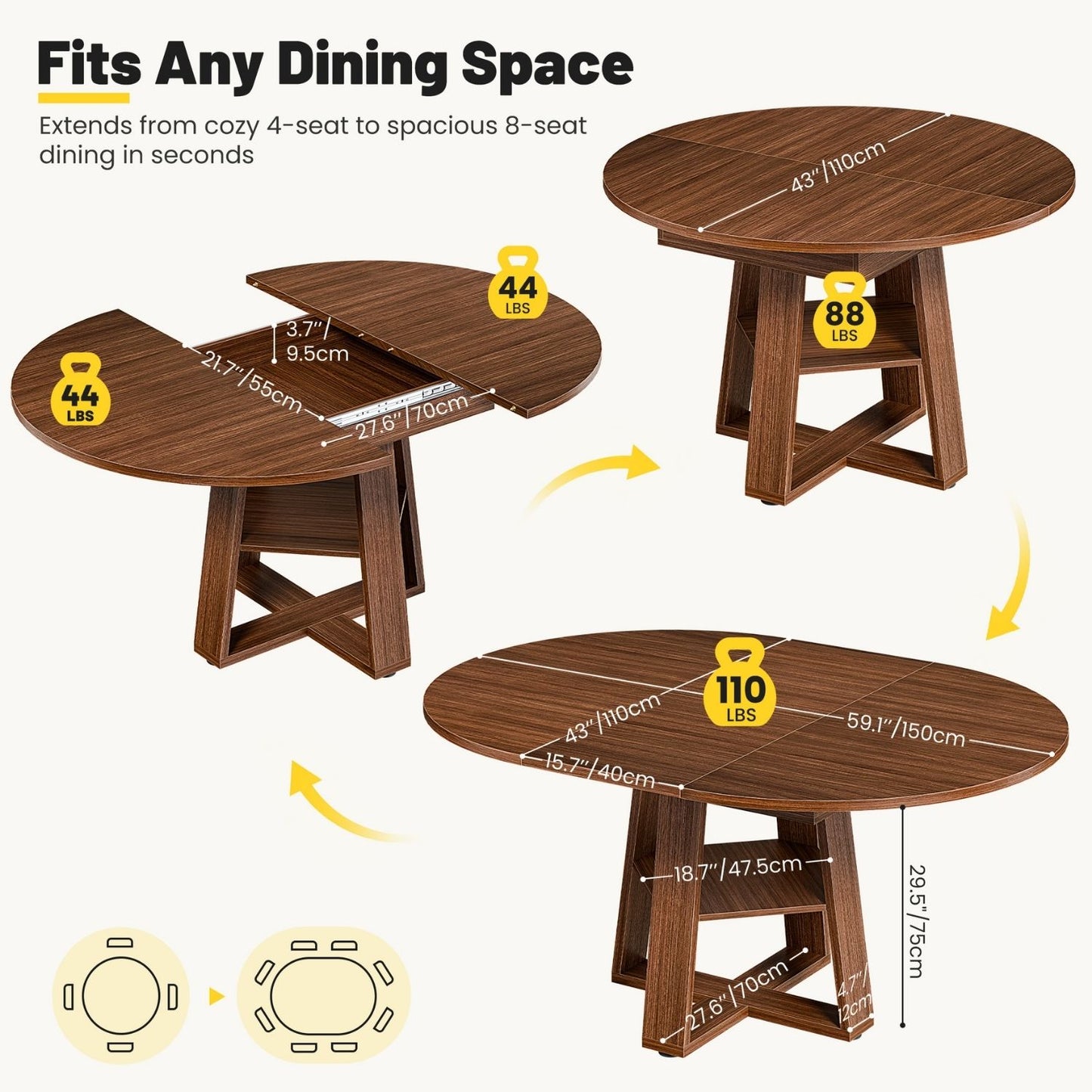 Extendable Oval Dining Table For 4-8, Modern Kitchen Table With Storage Shelf, Wood Pedestal, Space Saving Modern Style