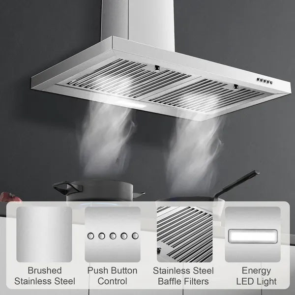Range Hood 30 Inch, Wall Mount Range Hood Ducted/Ductless, Kitchen Hood In Stainless Steel, Vent Hood With Baffle Filters, 3 Speed Fan, Push Button Control, Energy-Saving LED Light