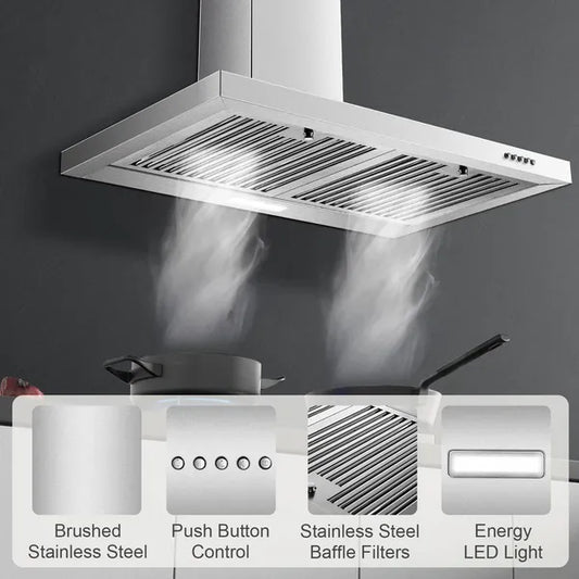 Range Hood 30 Inch, Wall Mount Range Hood Ducted/Ductless, Kitchen Hood In Stainless Steel, Vent Hood With Baffle Filters, 3 Speed Fan, Push Button Control, Energy-Saving LED Light