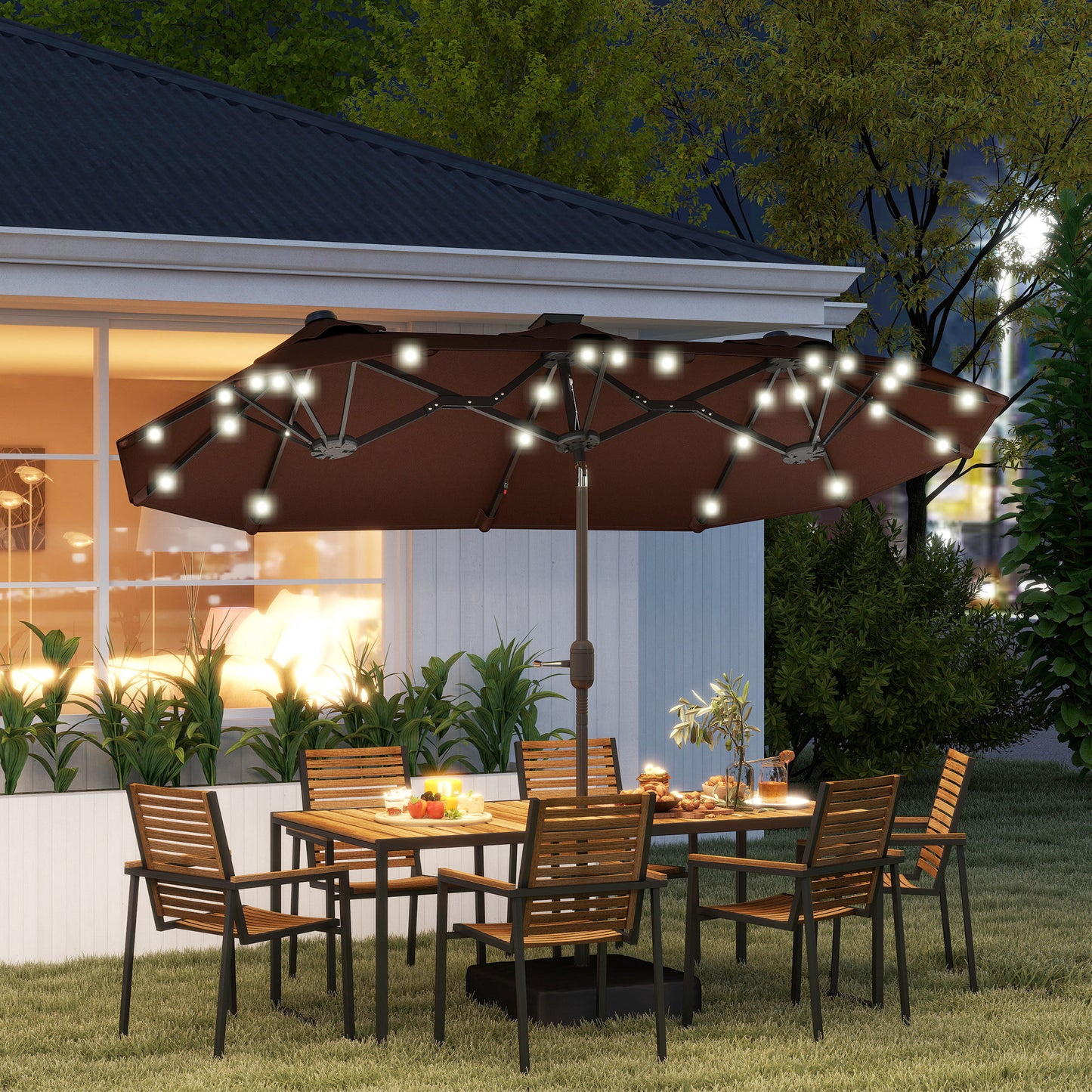 Double-sided Outdoor Patio Umbrella With Solar Lights And Base, Dining Table Umbrella Push Button Tilt, Coffee