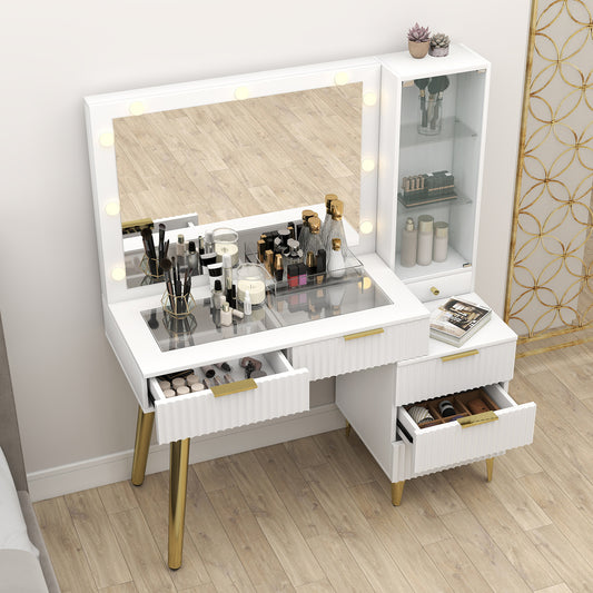 Fluted Vanity Desk With Mirror Glass Top Makeup Table With 5 Drawers Power Outlet Storage Cabinet 3 Color Light For Bedroom White