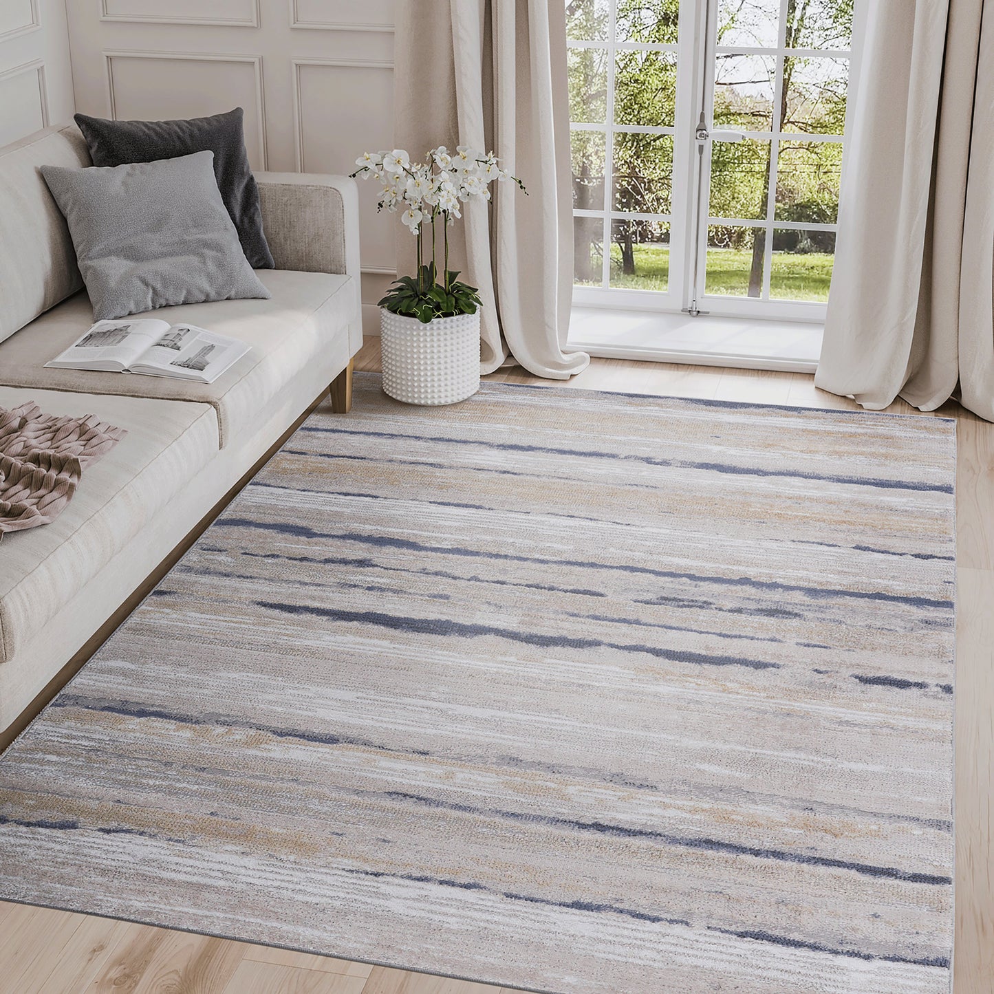 PAYAS 5X7 Ivory Blue  Striped Area Rug