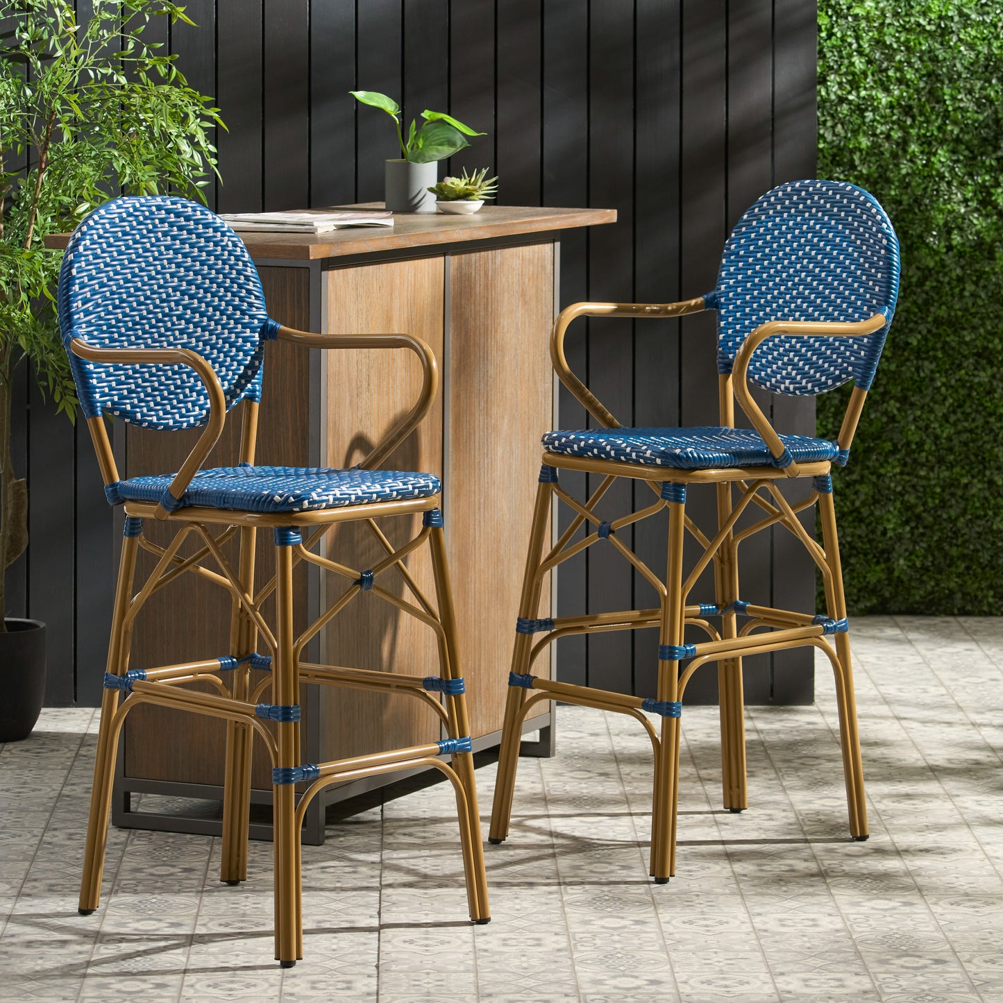 Outdoor Wicker And Aluminum 29.5 French Barstools, Set Of 2, Navy Blue, Bamboo Print Finish