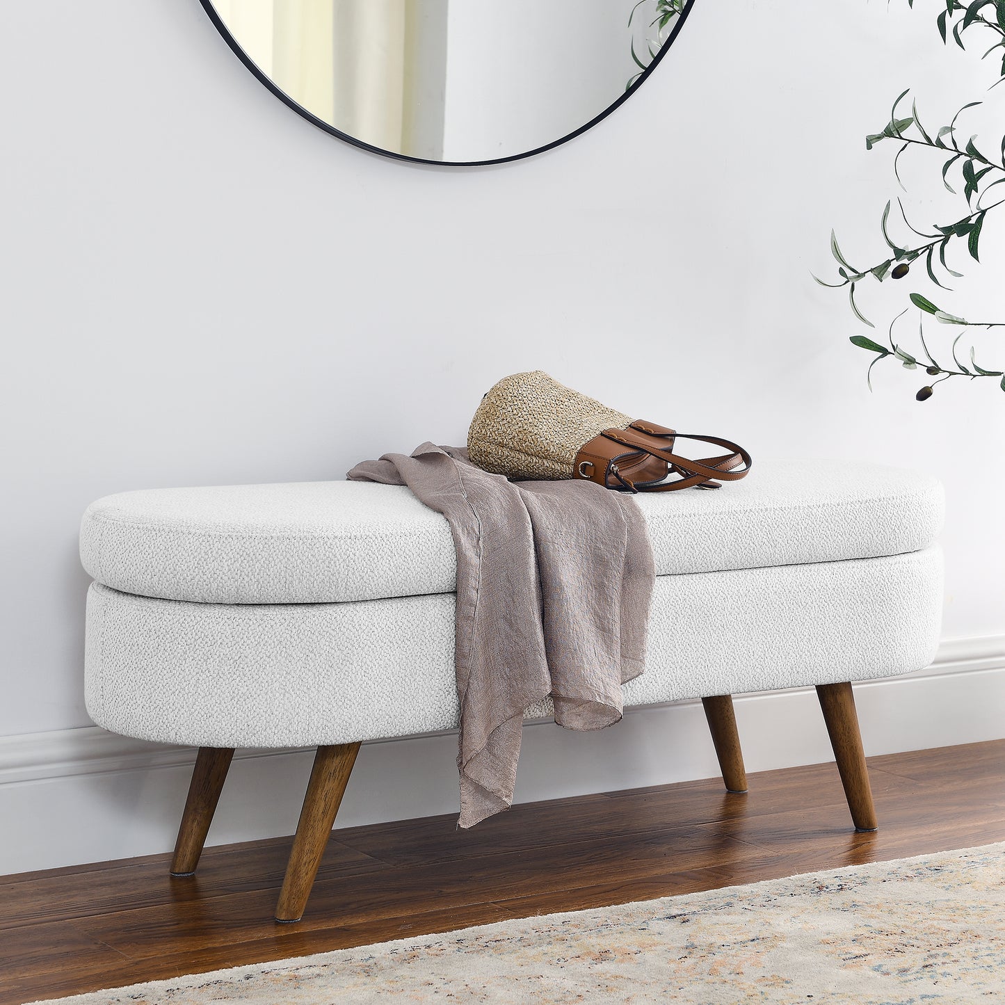 Ottoman Oval Storage Bench,Rubber Wood Legs,White 43.5x16x16