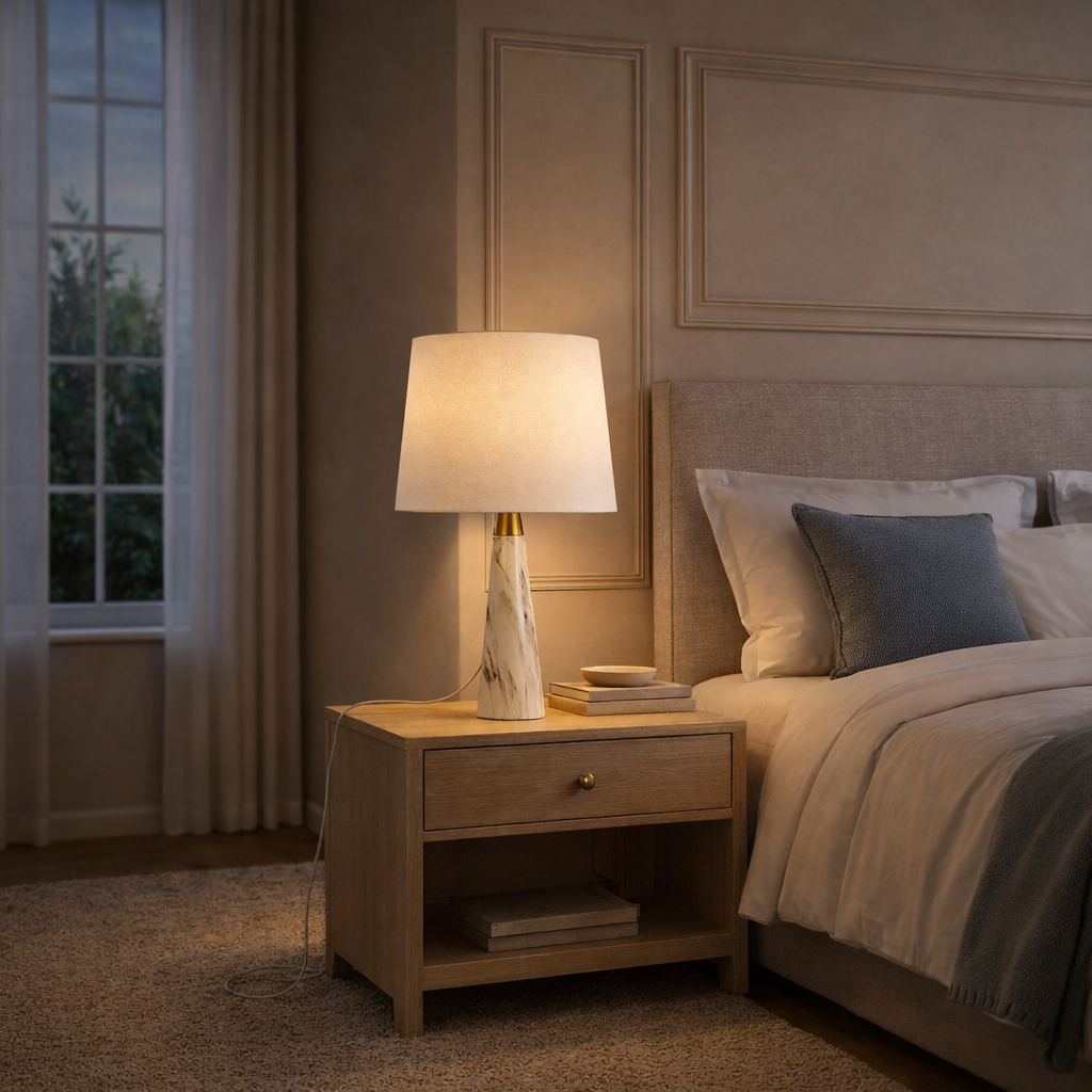 Enclave Hydro White Table Lamp With On Off Switch Faux Marble Base Fabric Shade