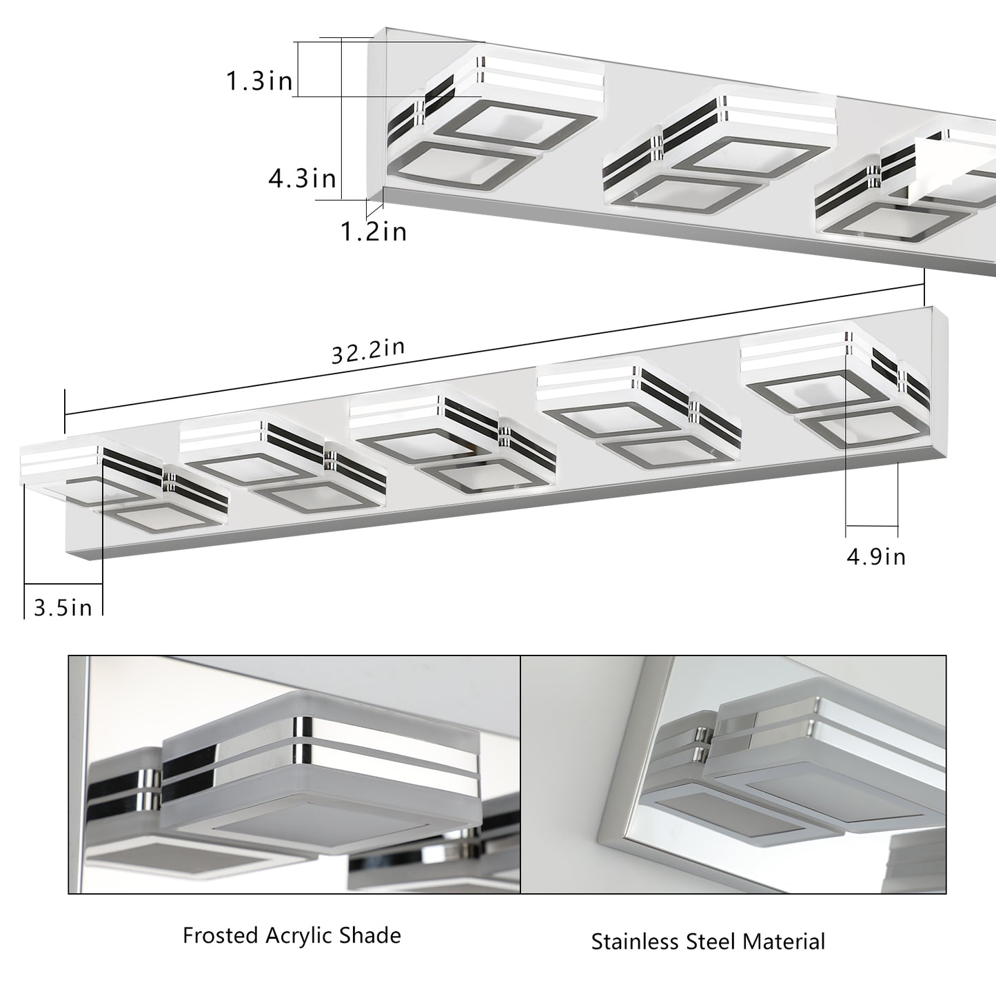 32in  Modern Chrome 5-Light LED Vanity Light, Square Acrylic Lampshades Wall Mount Fixture For Bathroom, Mirror Lighting