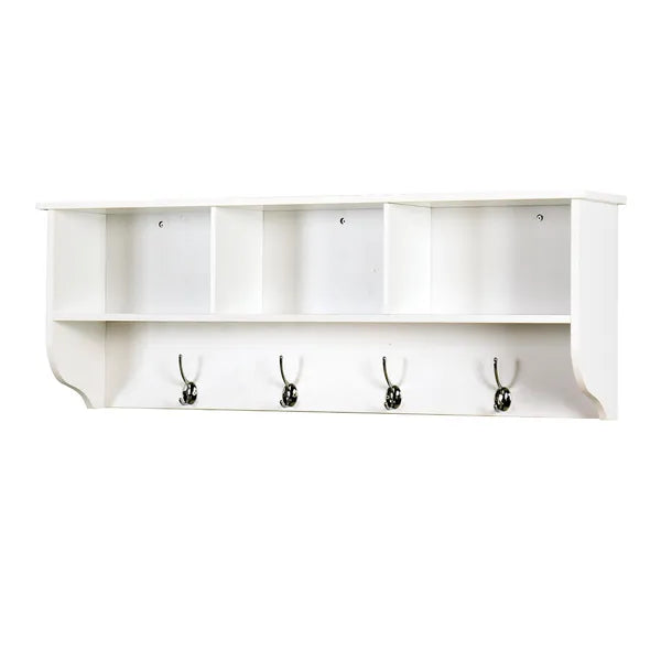 White Entryway Wall Mounted Coat Rack With 4 Dual Hooks Living Room Wooden Storage Shelf