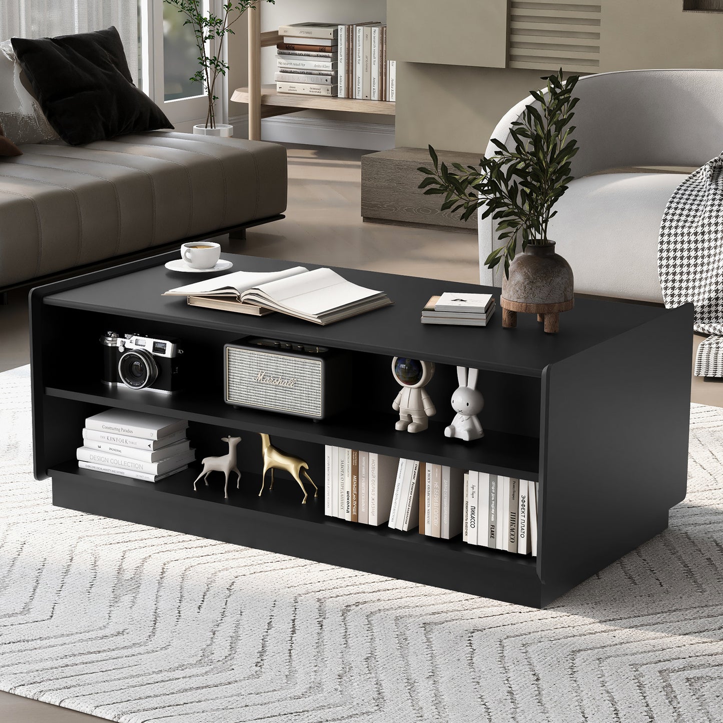 U-Can Modern Rectangle Coffee Table With 4 Drawers And 2 Display Shelves, 47.2  Wood Coffee Table With Fluted Style, Tempered Glass For Living Room