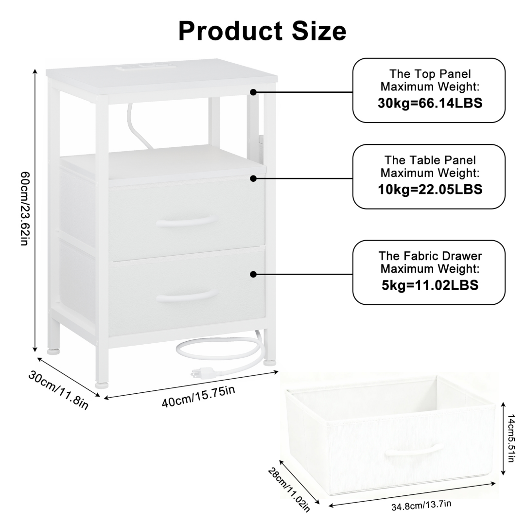 A Small Bedside Table With A Charging Station And Two Fabric Drawers, And A Side Bedside Table