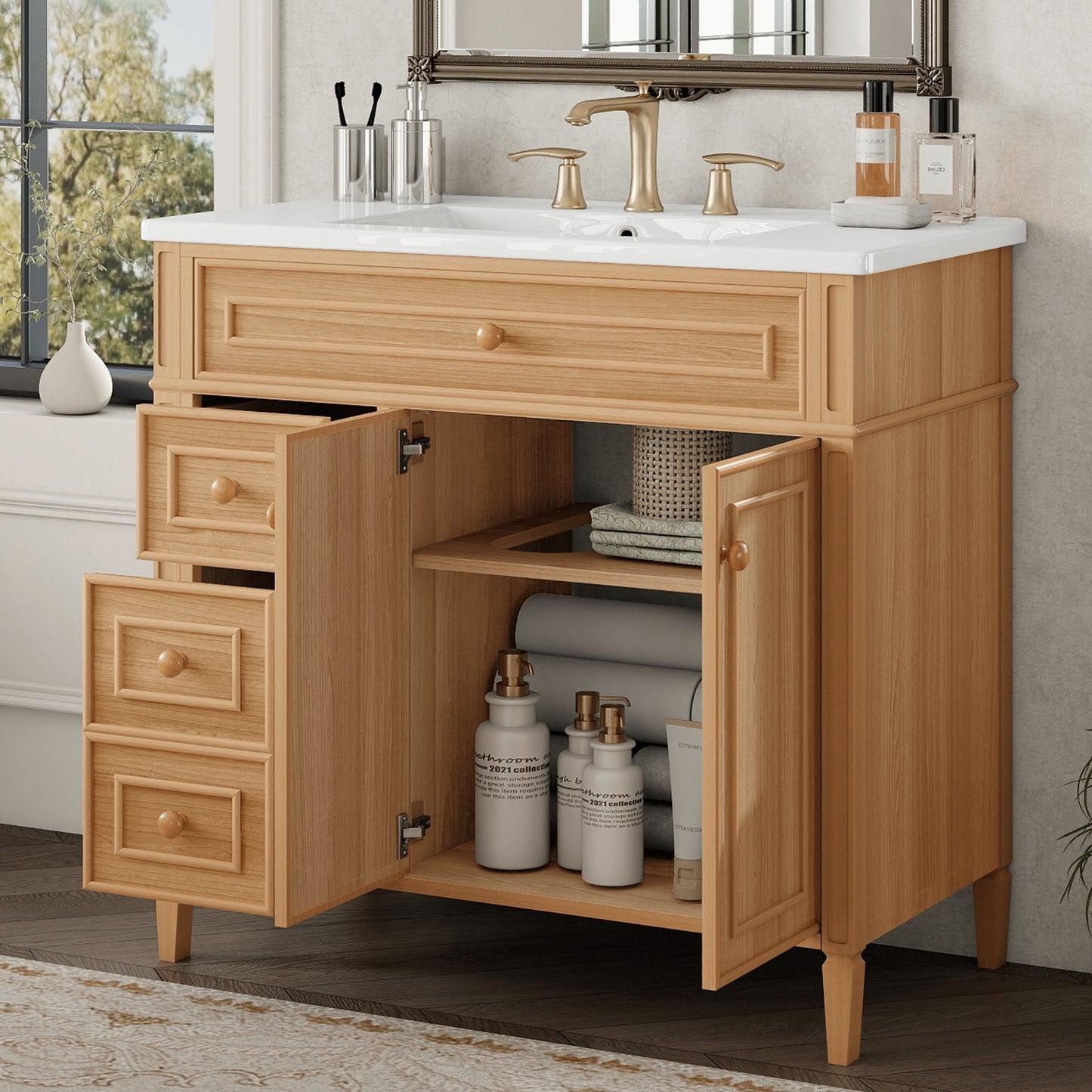 36  Bathroom Vanity With Sink, Wood Vanity Cabinet With Flip-Out Drawer, 3 Drawers, 2 Soft-Close Doors, Solid Wood & MDF, Elegant Rubber Wood Handles