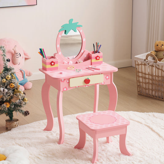 Pink MDF Spray-painted - Apple-printed 1-drawer 2-desktop Storage Box Children's Dressing Table Set
