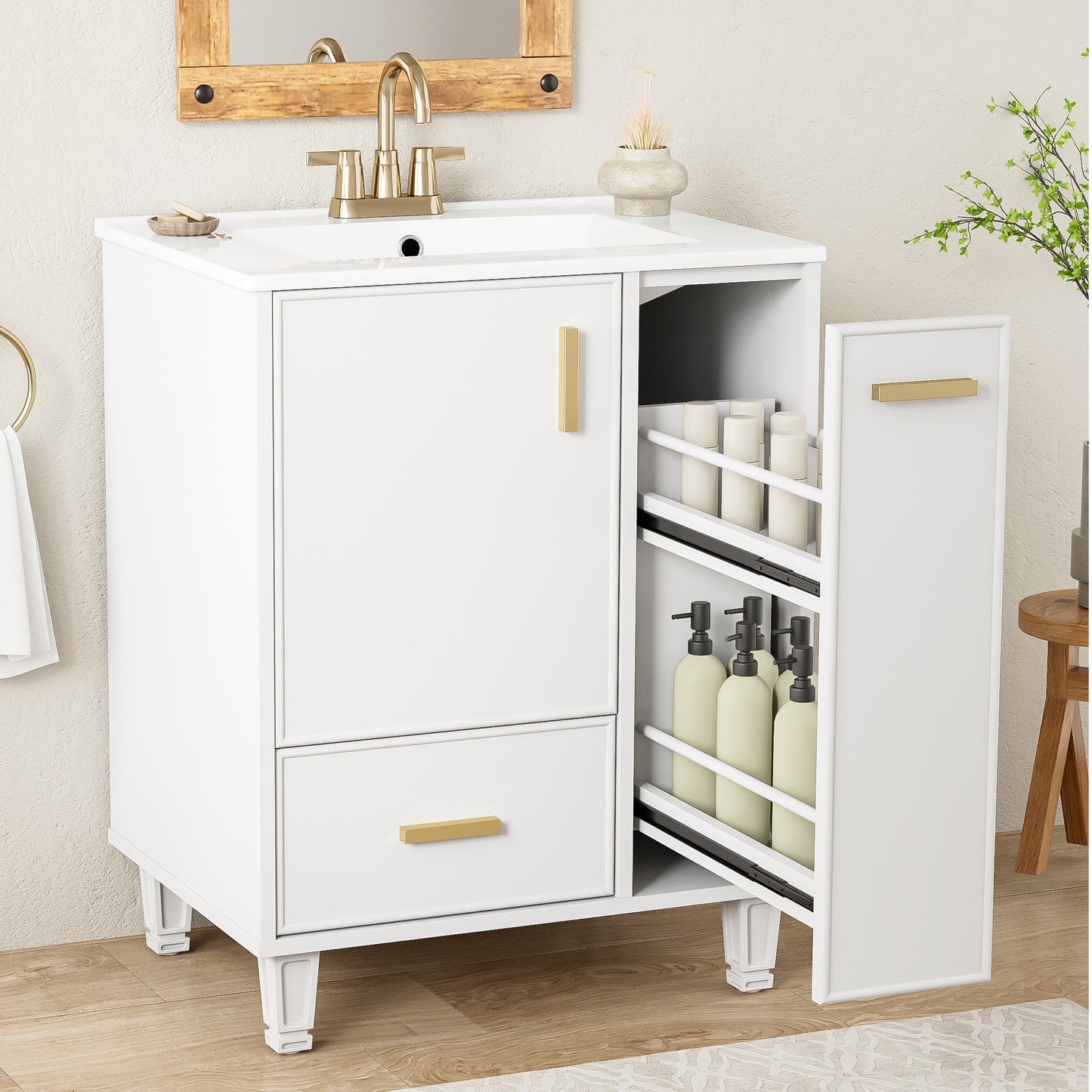 24 Bathroom Vanity With Sink, Bathroom Cabinet With Door Shelf, Deep Drawer, 2-Tier Pull-Out Basket, Solid Wood Frame And MDF Board, One Package, White