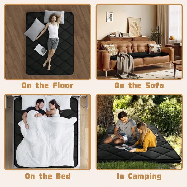 Japanese Floor Mattress, 100% High Density Comfortable Foam, Thicken Foldable Mattress Tatami Mat Sleeping Pad, Ideal For Comfort And Support, Floor Lounger Pillow Bed Sofa, Black, Queen 60*80