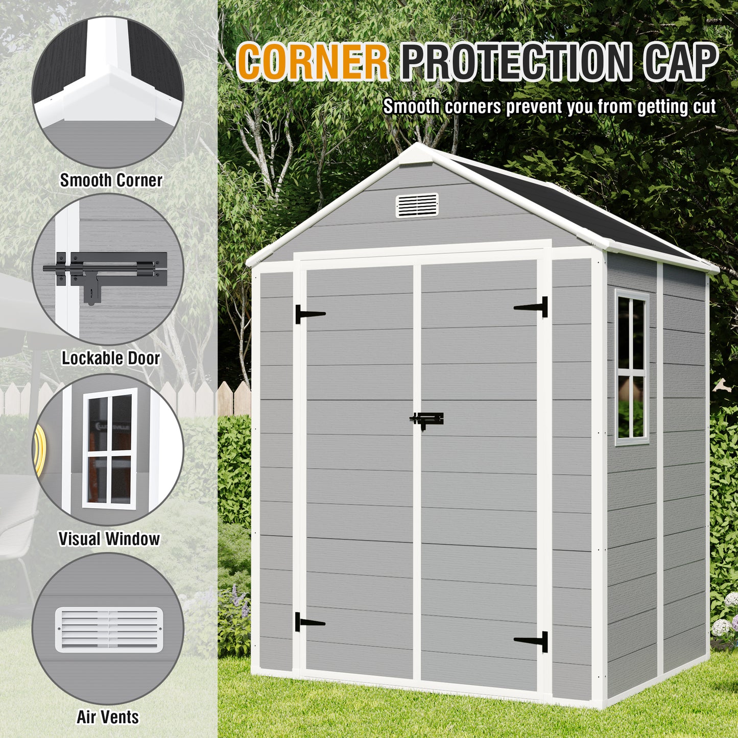 Campcraft 6x5ft Resin Storage Shed,Plastic Garden Tool Outside Sheds,high Quality Pp Material,strong Structure,waterproof,rust And UV Proof,large Storage Space,12mm Thick Pp Board,HD Window Lighting