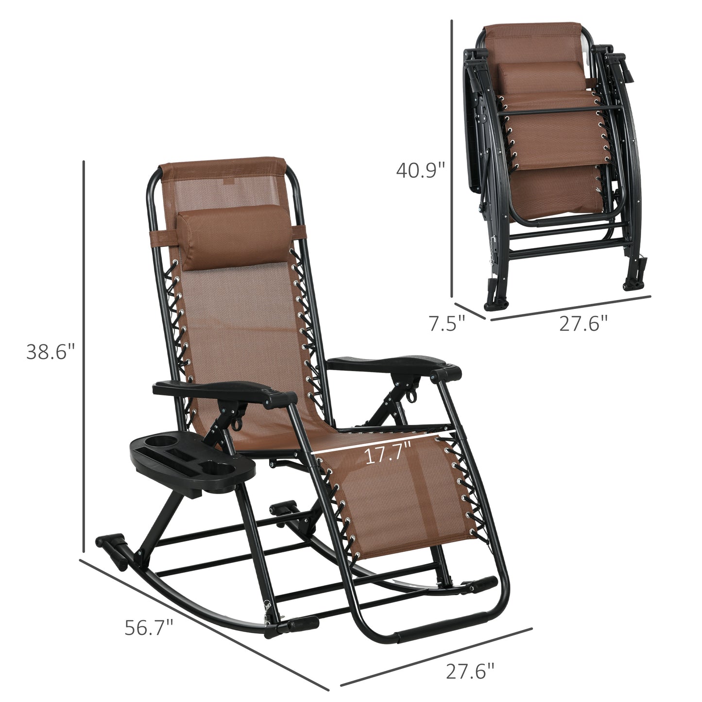 2 Outdoor Rocking Chairs Foldable Reclining Zero Gravity Lounge Rockers W/ Pillow Cup & Phone Holder, Brown