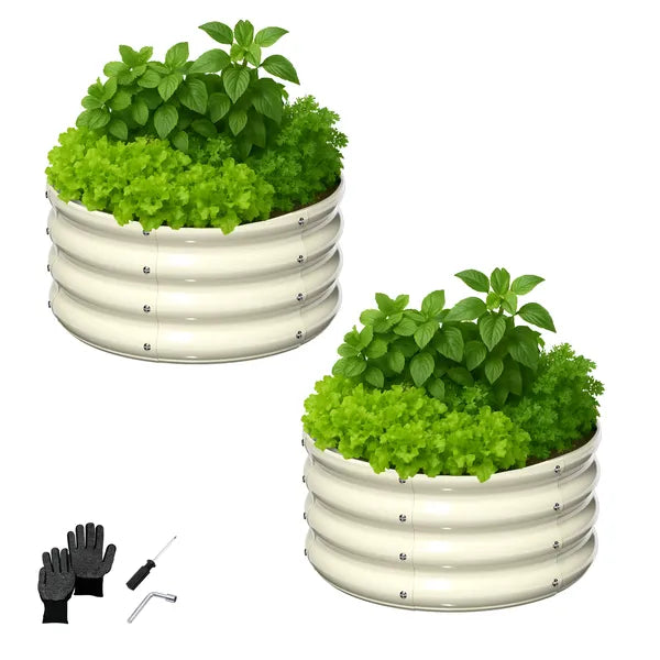 2 Pcs 2X2X1ft Raised Garden Bed, Round Galvanized Outdoor Planter Box, Metal Garden Bed For Planting Vegetables Fruits Flowers, White