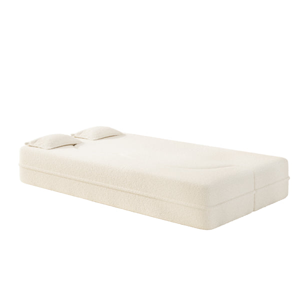 Modern Floor Sofa With 2 Pillows,Convertible Teddy Fabric Foam-Filled Sleeper Sofa Bed,15' Twin Size Folding Mattress For Living Room,Guest Bed,Playroom,no Assembly Required,Beige&White