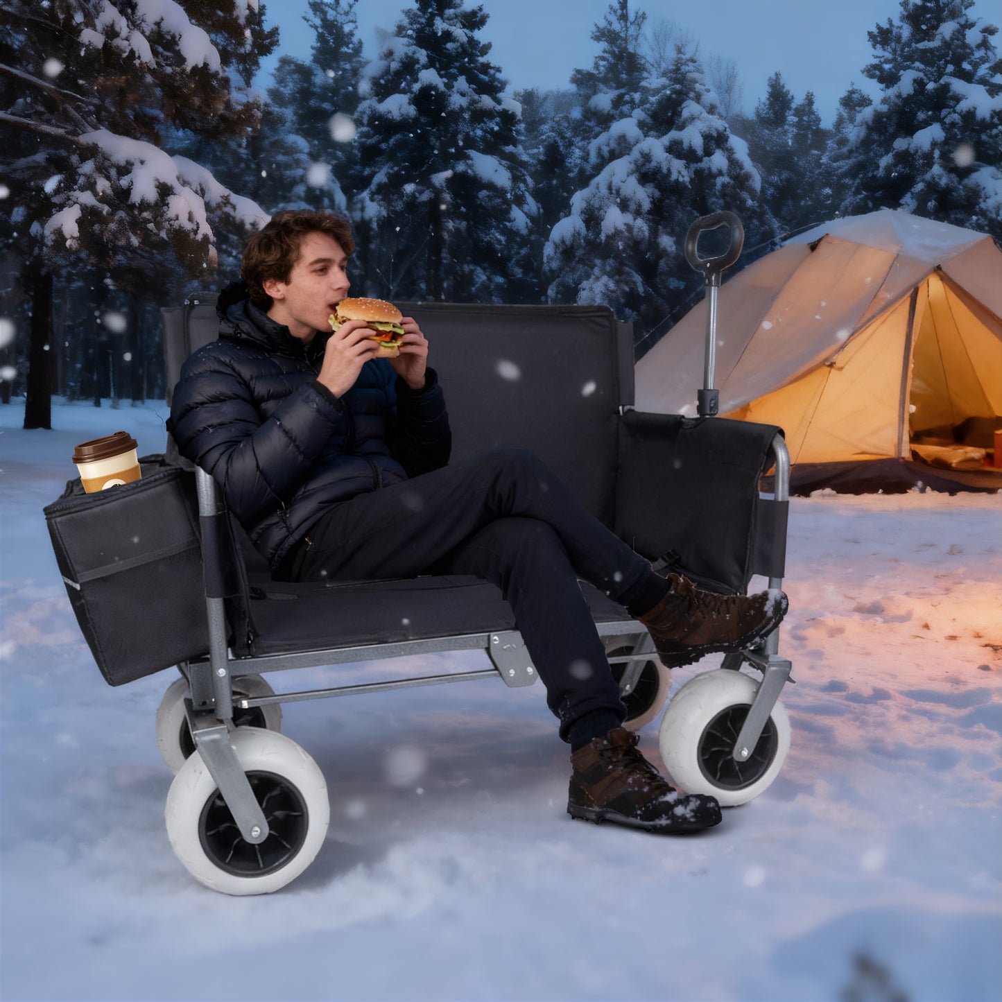Folding Wagon With Bench Seat & 500 Lbs Capacity Patent Protection - 3- In- 1 Collapsible Utility Cart With All- Terrain Beach Tires For Camping  Includes 1 Ice Pack  Beach  Groceries  Outdoor  Black