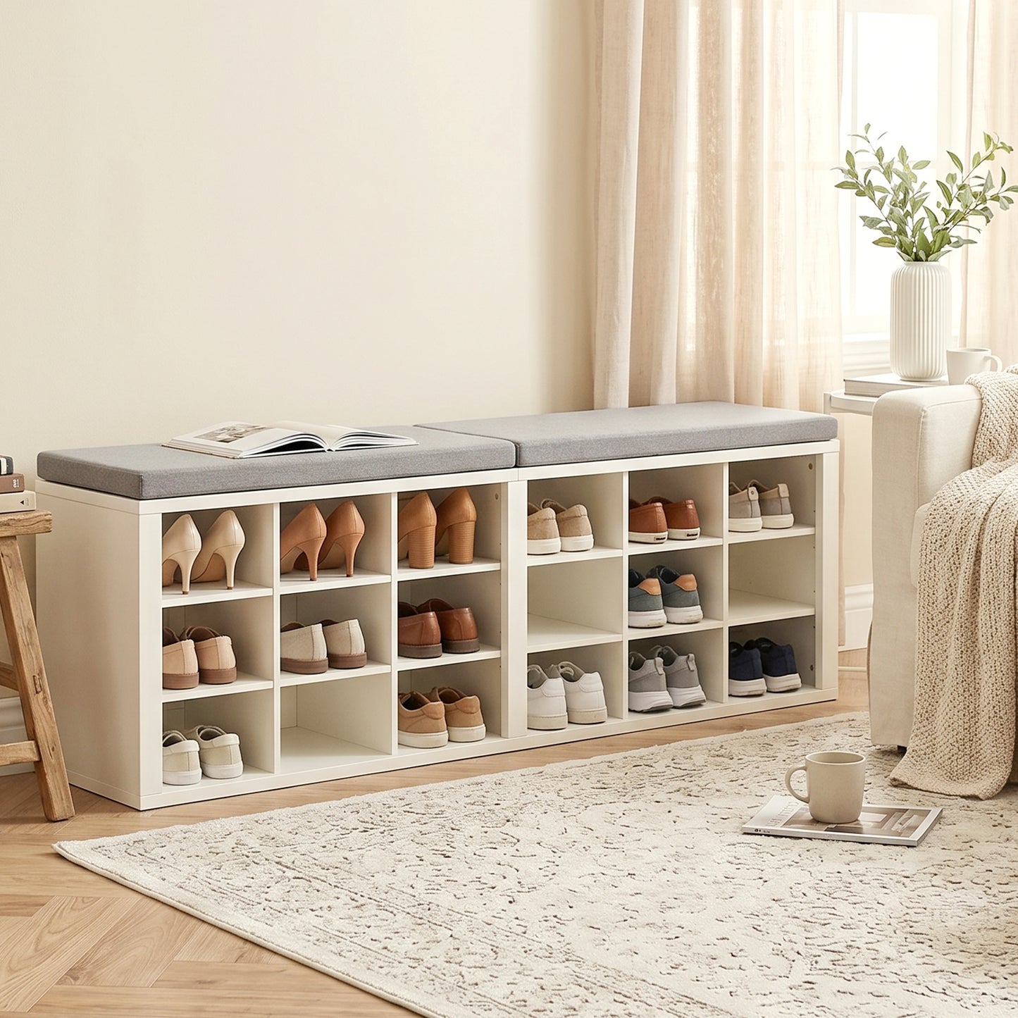 Shoe Storage Bench Minimalist Wood Strong Load Bearing Entryway Bench With Cushion 18 Compartments For Hallway Living Room Bedroom