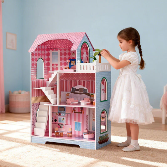 3 Tier Kids Dollhouse With Roof Window And Furniture Wooden Mini Doll House Playhouse For 3 Years Old And Above