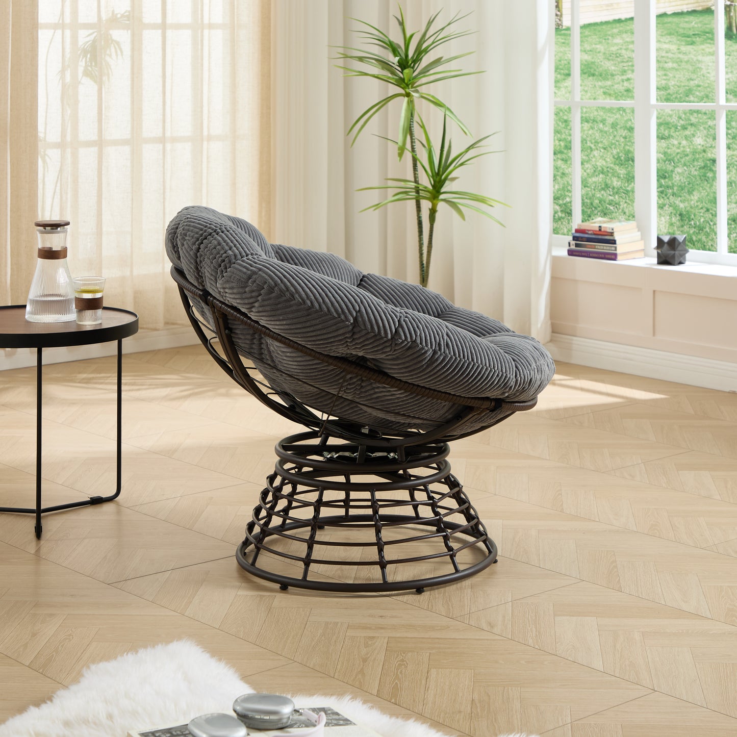 Comfortable Ergonomic Wicker Papasan Chair, 360 Swivel Indoor Outdoor Rattan Chair With Soft Thick Cushion, Ideal For Living Room, Bedroom, Reading Room, Brown Frame With Grey Cushion