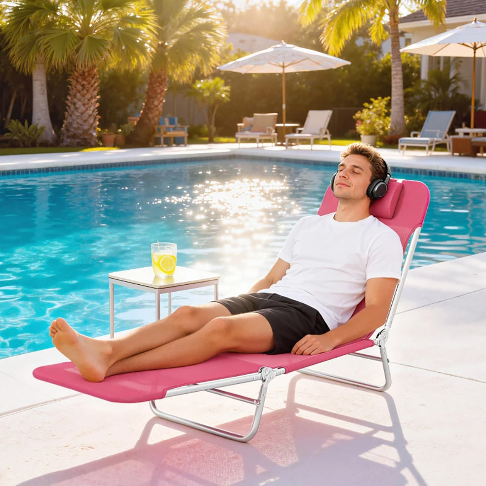 Folding Chaise Lounge Chair, Portable Tanning Chair With Adjustable Backrest, Pillow  For Camping Trips, Relaxing Poolside