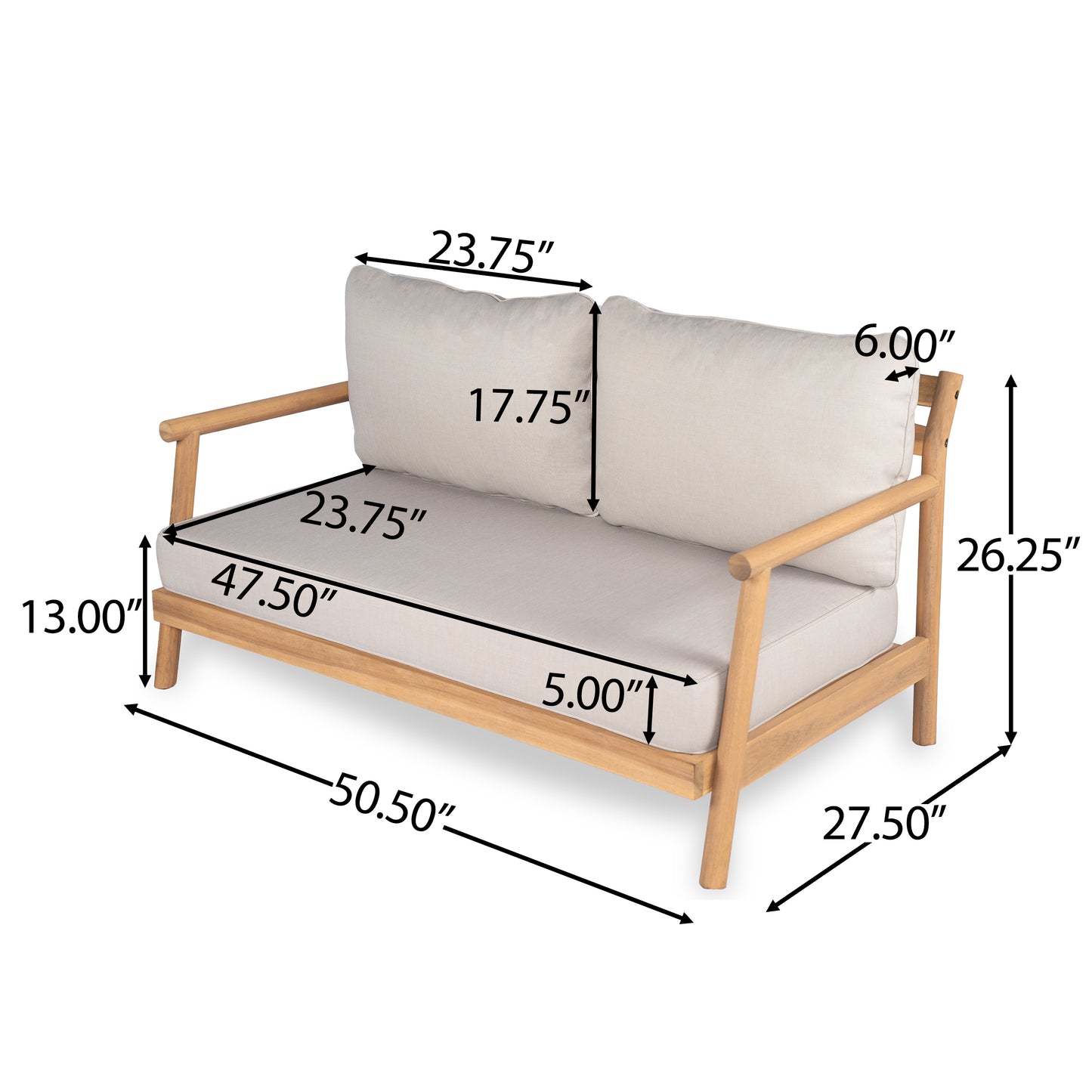 Patio Acacia Wood Loveset Sofa With Water-resistant Cushion, Teak   Beige