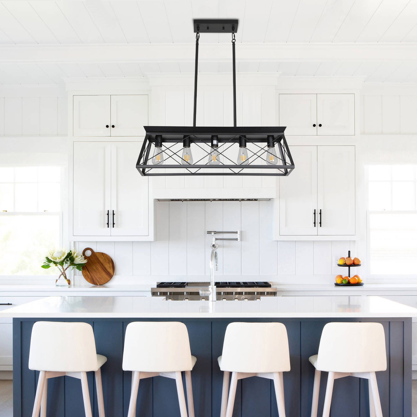32-inch Black Industrial 5-Light Pendant Chandelier, Modern Metal Cage Design, Adjustable Hanging Light For Dining Room, Kitchen, Living Room  Bulb Not Included