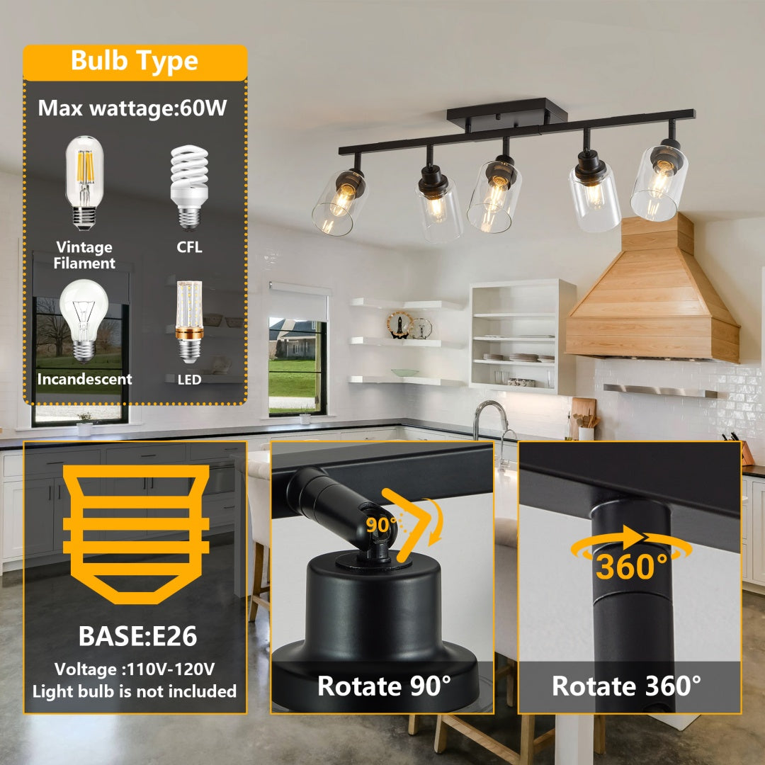 5-lamp Track Lighting Kit, Black Track Lighting Fixtures, Bathroom Wall Lights, Ceiling Mounted Kitchen Track Lights  Excluding Bulbs
