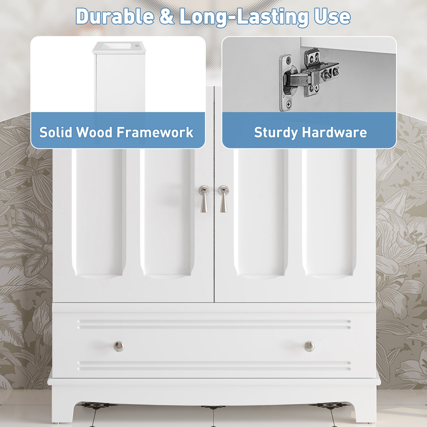 30   Bathroom Vanity With Ceramic Sink, Solid Wood Frame Bathroom Sink Cabinet With Adjustable Shelf, Drawer With Divider, Solid Wood Feet