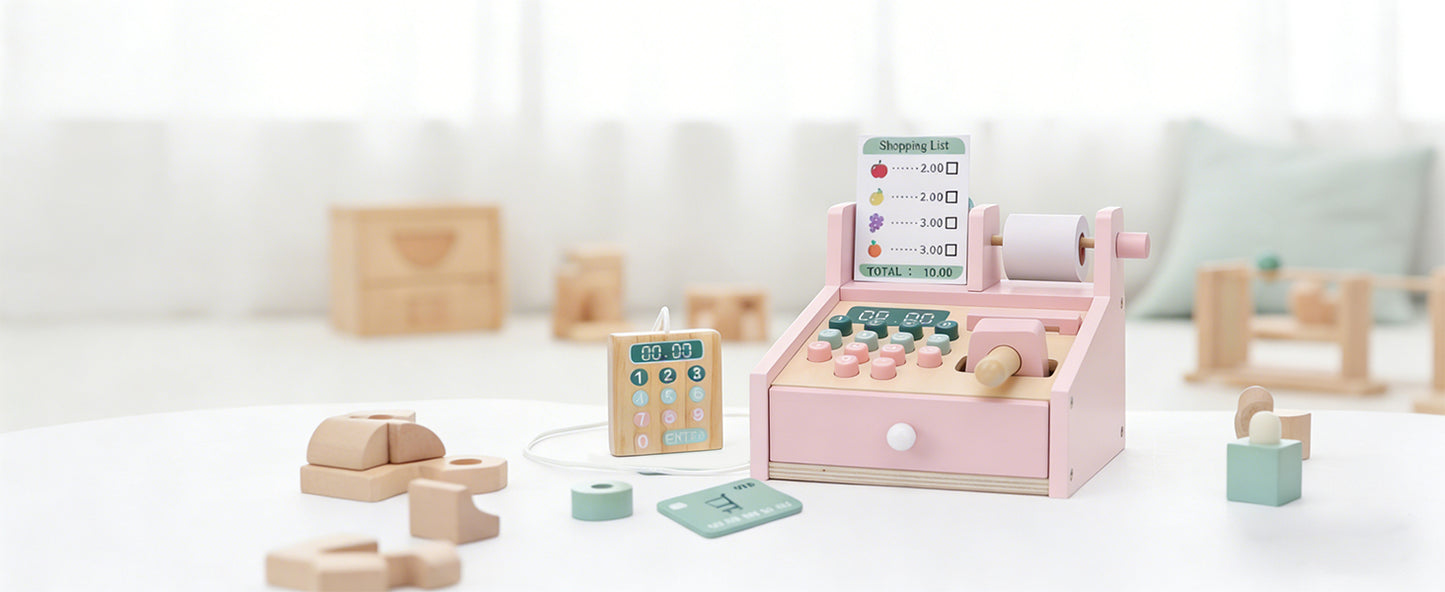 Wooden Toy Cash Register With Scanner Math Learning Role Play Cashier Game Set For Kids Pink
