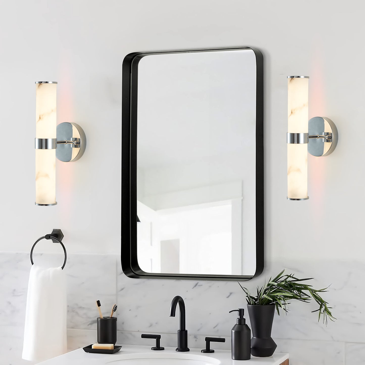 Resin Imitation Marble And Chrome Wall Sconce, Set Of 2,Modern Vertical Light Fixture For Bathrooms, Hallways, And Bedrooms  Only Indoor