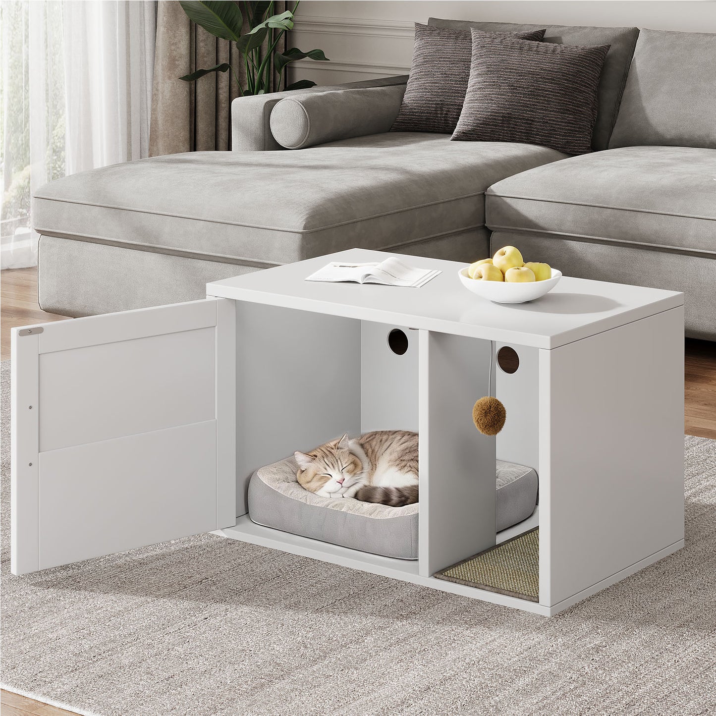 Cat Litter Box Cabinet Multifunctional White Modern Cat House Washroom End Table For Bedroom Living Room