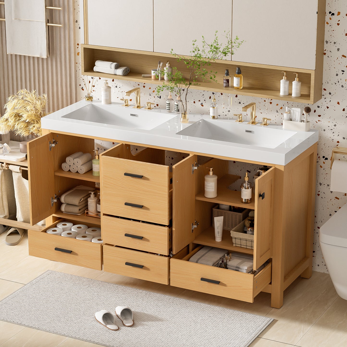59.3  Bathroom Vanity With Solid Wood Frame & MDF Cabinet, Double SMC Resin Sink, Soft-Close Doors And Drawers, 4 Doors, 5 Drawers, Adjustable Shelves, Black Handles