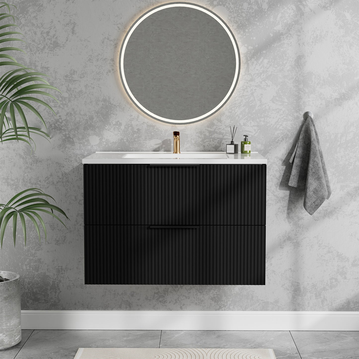 30 Inch Bathroom Vanity Cabinet With Ceramic Sink - Black Wall Mounted Floating Fluted Vanity With Drawers  Modern