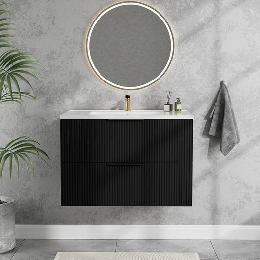 30 Inch Bathroom Vanity Cabinet With Ceramic Sink - Black Wall Mounted Floating Fluted Vanity With Drawers  Modern