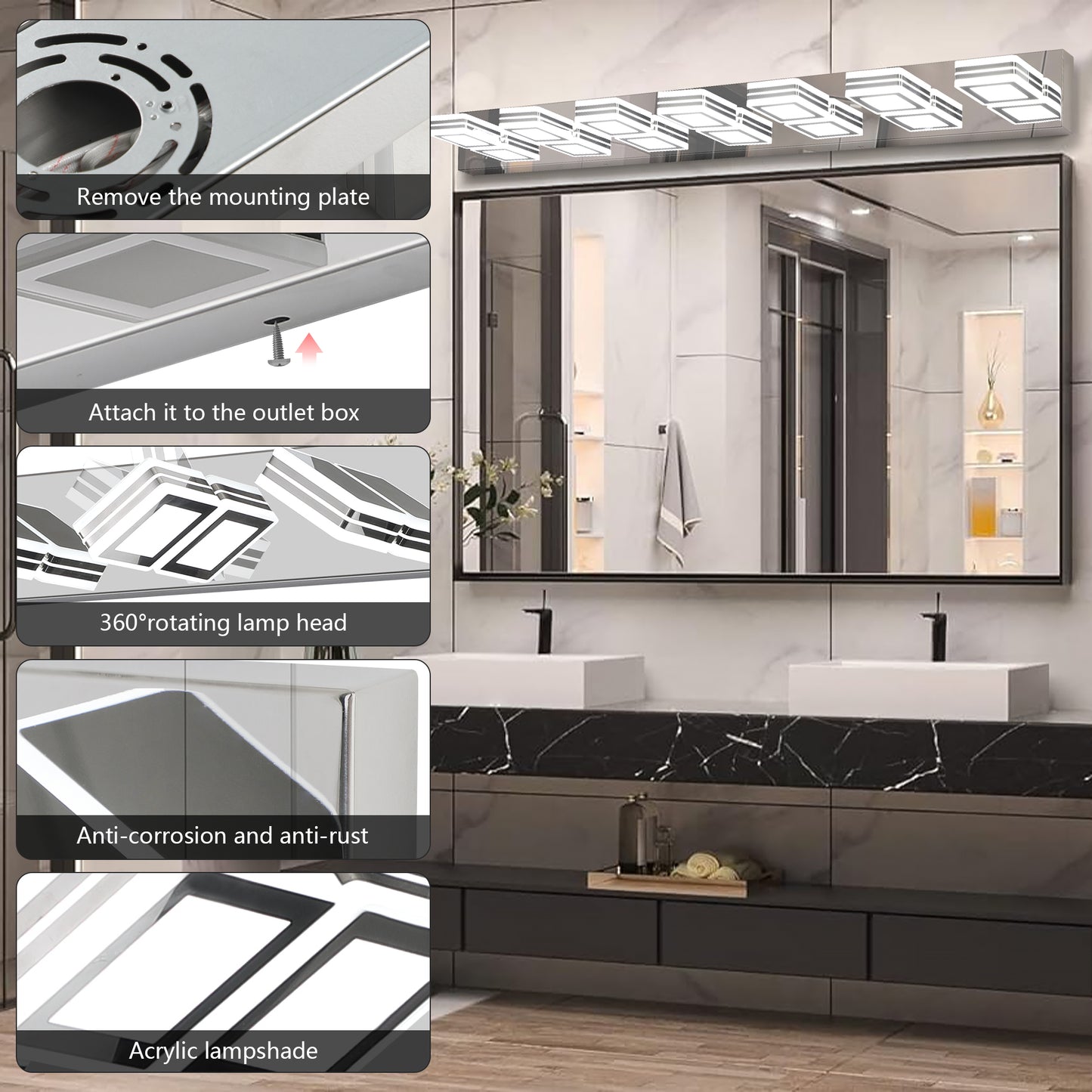 45in  Modern Chrome 7-Light LED Vanity Light, Square Acrylic Lampshades Wall Mount Fixture For Bathroom, Mirror Lighting